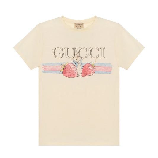 GUCCI Kaos Peter Rabbit SS24 Motif Logo Kartun Lengan Pendek Motif Stroberi-G-126